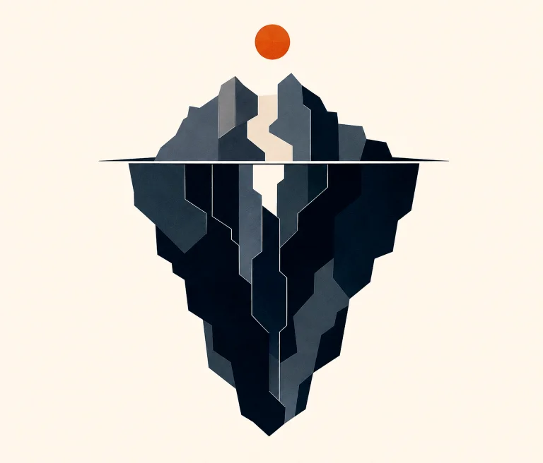 Minimal Nordic structural graphic with a small irregular upper ice-derived mass above a strong horizontal division, a larger dark submerged lower mass, muted internal planes, a restrained warm circular accent above, and large negative space.
