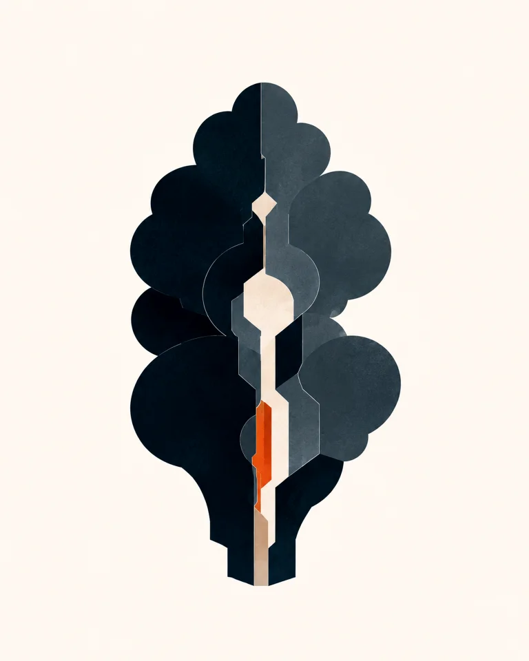 Minimal Nordic structural graphic with a vertically rising clustered form, large rounded dark masses, pale and muted internal layers, a narrow central opening, a restrained warm accent, and large surrounding negative space.