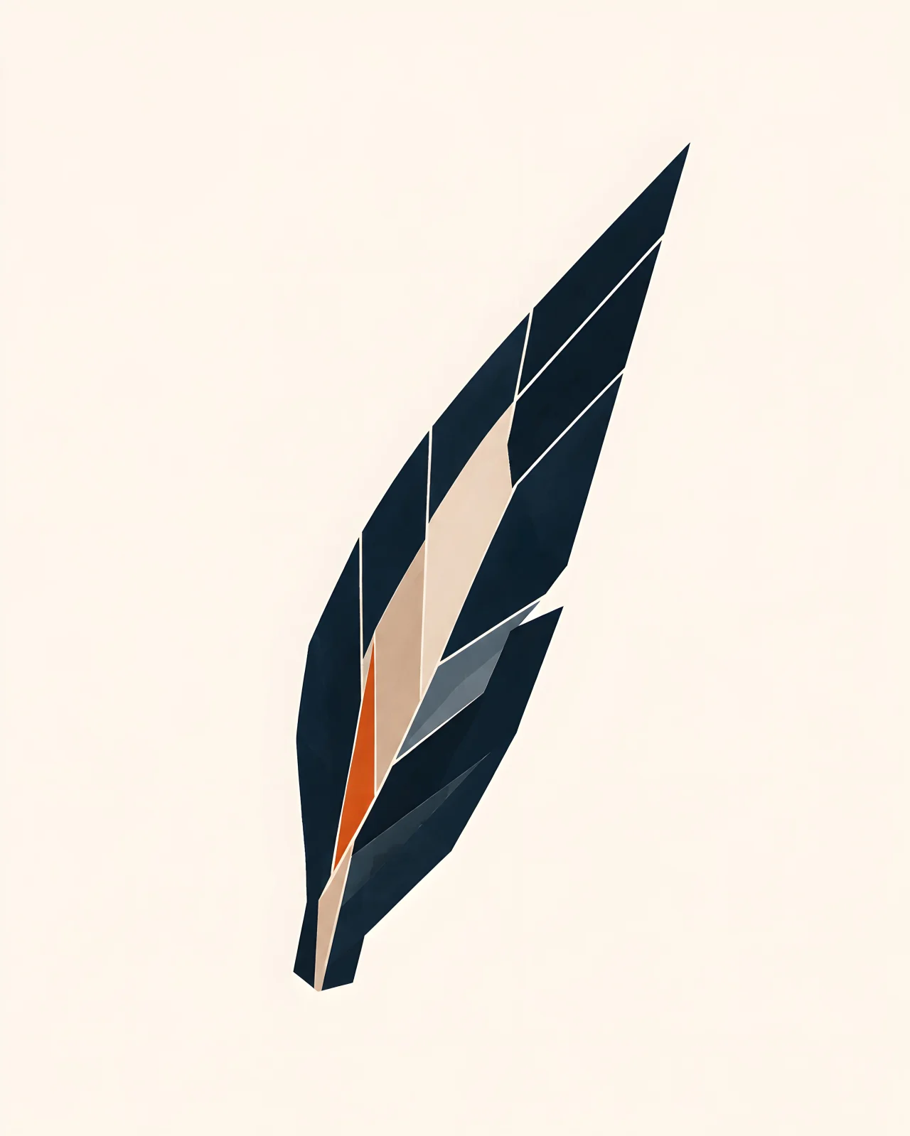 Minimal Nordic structural graphic with a long narrow leaf-derived silhouette rising diagonally, dark interlocked planes, pale internal bands, restrained linework, a controlled warm accent, structural voids, and large negative space.
