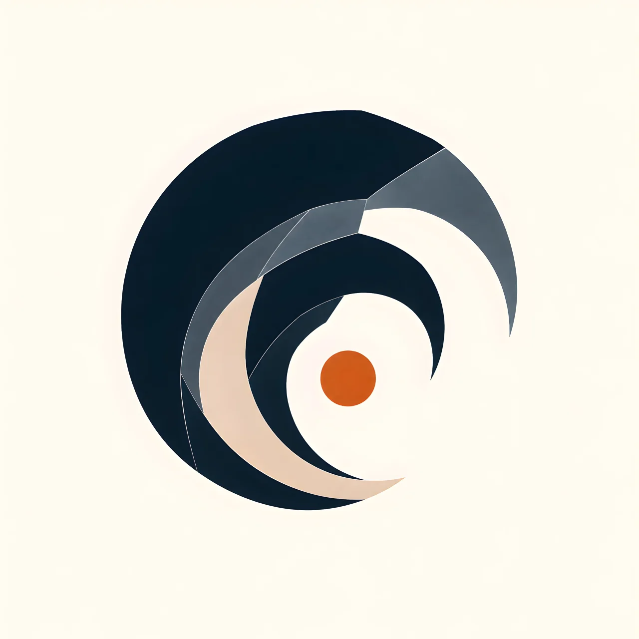 Minimal Nordic structural graphic with several large dark curved masses turning inward around an open center, muted layered sections, controlled offsets, a small warm circular accent, and large surrounding negative space.