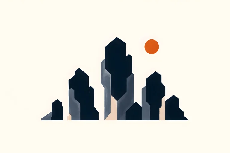 Minimal Nordic structural graphic featuring several separated dark irregular masses of varying heights, muted layered planes, controlled spaces between forms, a small warm circular accent, and large surrounding negative space.