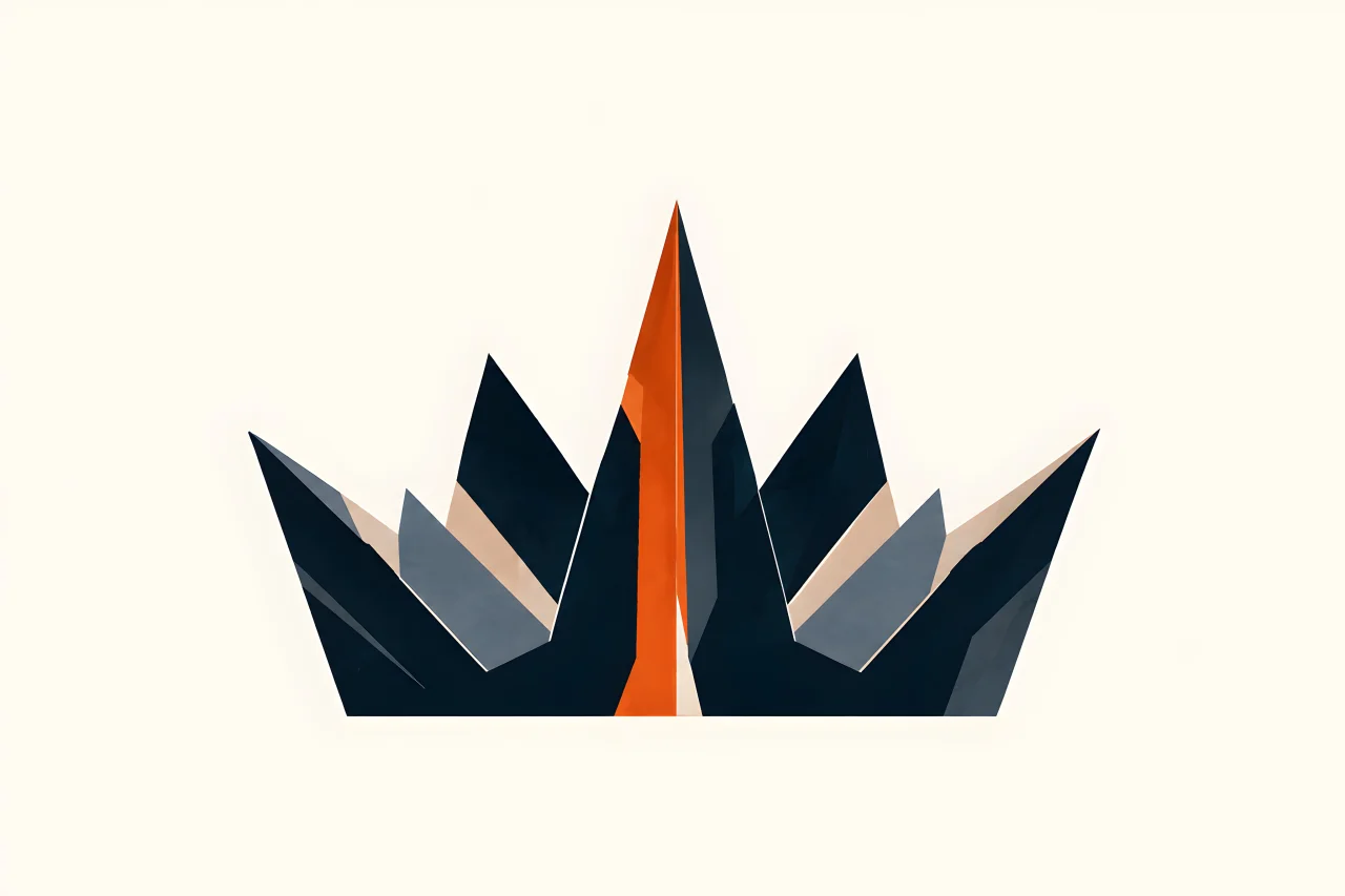 Minimal Nordic structural graphic with a broad dark base, multiple sharp upward peaks, a dominant central axis, muted blue-gray supporting planes, pale structural divisions, a controlled warm central accent, and large surrounding negative space.