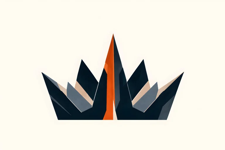 Minimal Nordic structural graphic with a broad dark base, multiple sharp upward peaks, a dominant central axis, muted blue-gray supporting planes, pale structural divisions, a controlled warm central accent, and large surrounding negative space.