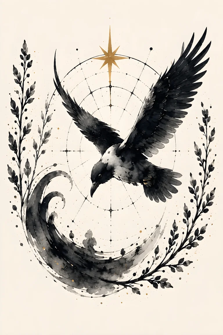 One dark bird with widely spread wings flying across a large curling gray-black ink current, with fine circular lines, sparse branches and a small gold star.