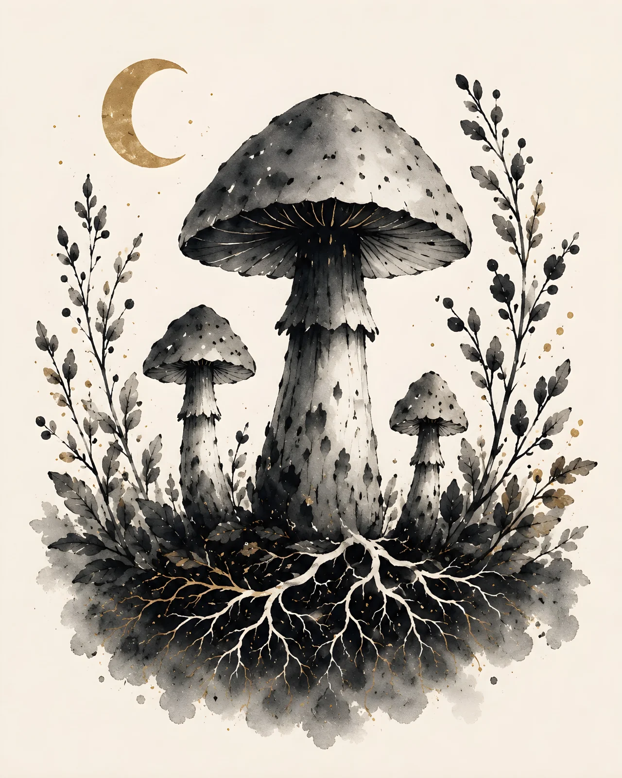 Large central mushroom with smaller mushrooms above a dark soil base and visible branching root-like mycelium network, with sparse plants and a small warm crescent.