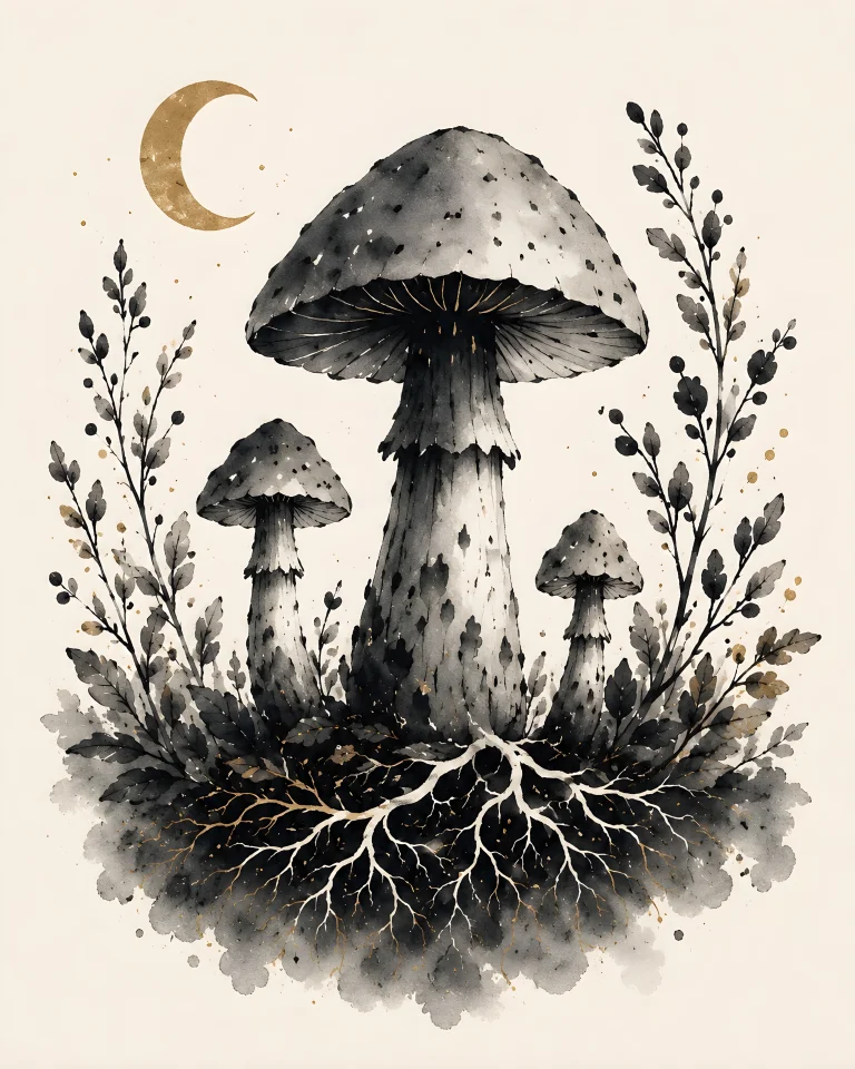 Large central mushroom with smaller mushrooms above a dark soil base and visible branching root-like mycelium network, with sparse plants and a small warm crescent.