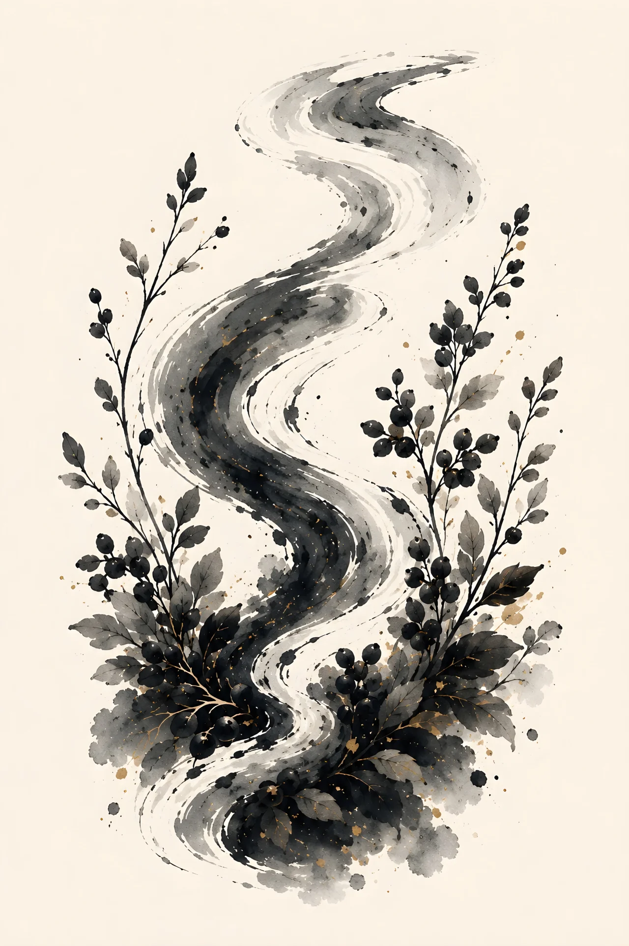Tall S-shaped layered gray and black ink flow surrounded by secondary leafy stems and berry-like botanical clusters on an open cream background.