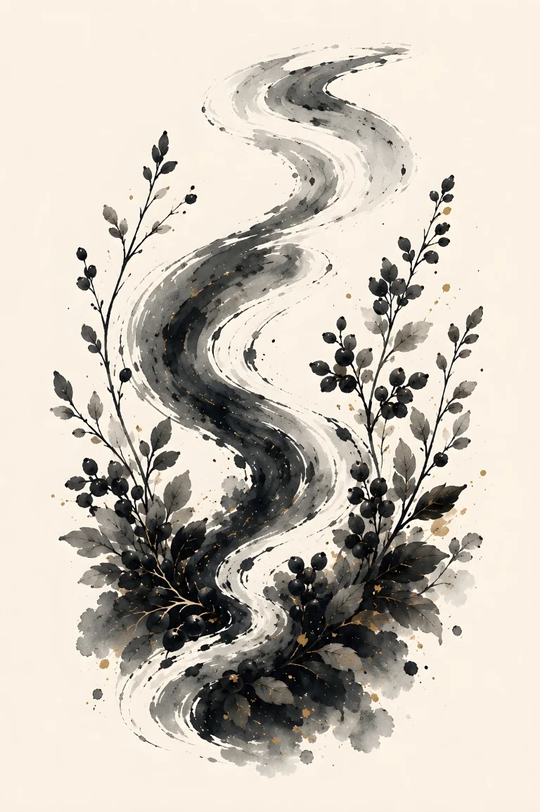 Tall S-shaped layered gray and black ink flow surrounded by secondary leafy stems and berry-like botanical clusters on an open cream background.
