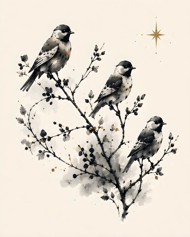 Multiple small dark birds perched at different heights on sparse winter branches, surrounded by broad cream space with one small gold star at upper-right.