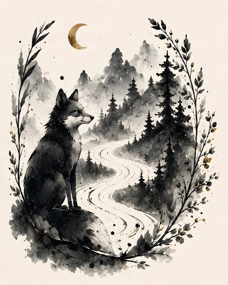 One seated dark fox at lower-left beside a bright winding path through conifer forest toward pale mountains, with a small gold crescent above.
