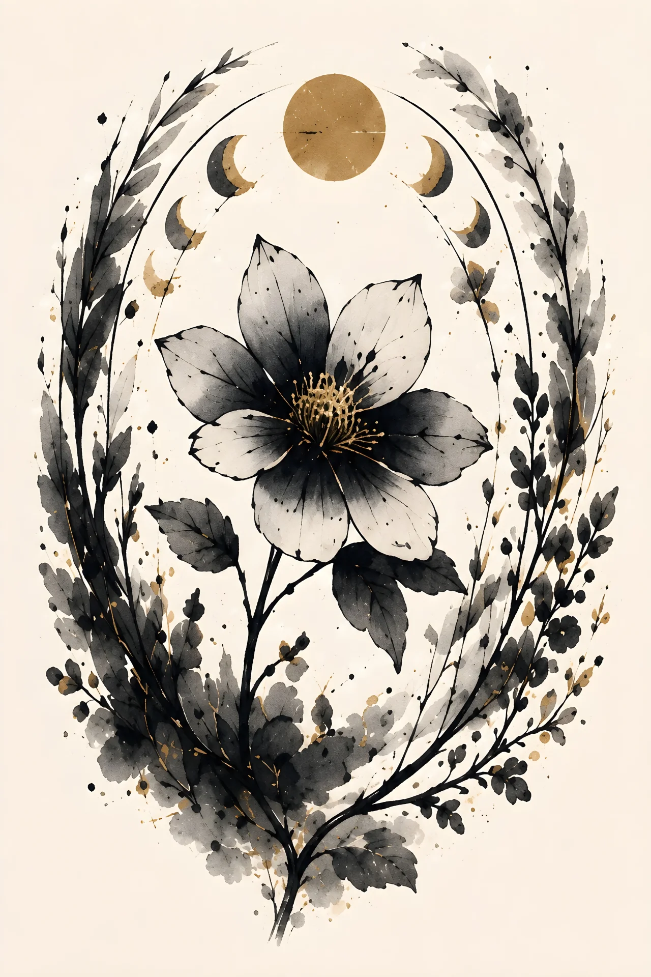 Large stylized monochrome flower with dark center, open botanical arcs and muted gold circular and crescent-like forms above on a cream background.