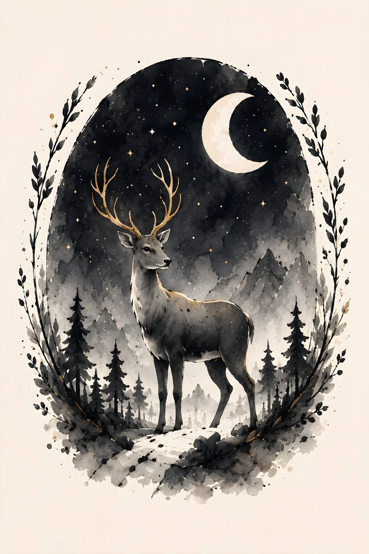 One standing antlered deer inside a near-black rounded night arch with dark conifers, pale mountains, a crescent at upper-right and cream space outside.