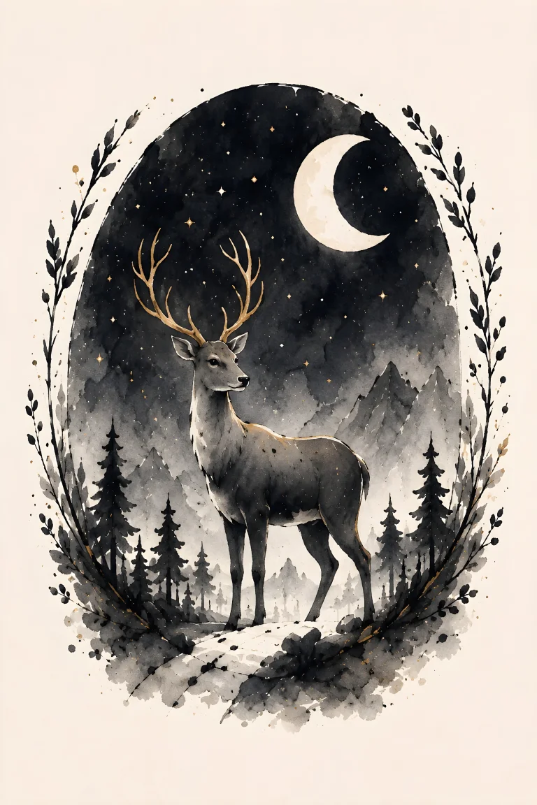 One standing antlered deer inside a near-black rounded night arch with dark conifers, pale mountains, a crescent at upper-right and cream space outside.