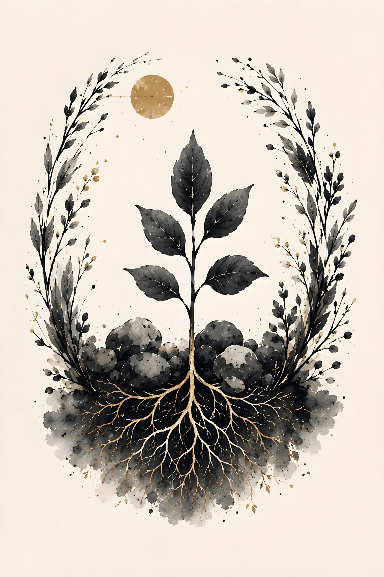One young plant with sparse leaves rising from exposed branching roots and rounded stones, framed by loose botanicals with a muted gold circle above.