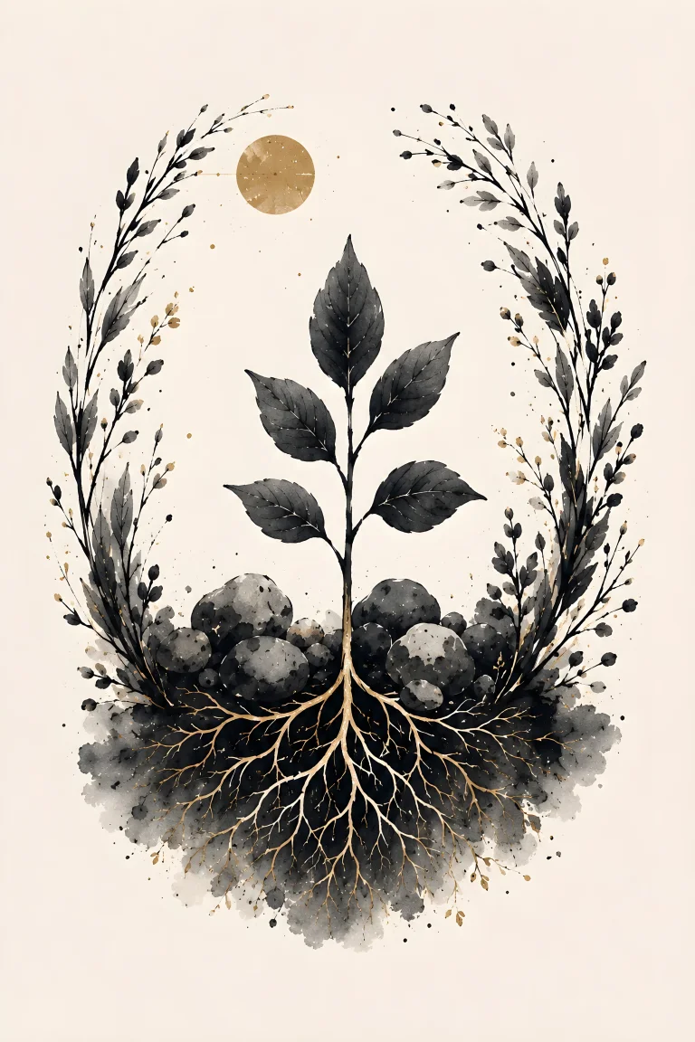 One young plant with sparse leaves rising from exposed branching roots and rounded stones, framed by loose botanicals with a muted gold circle above.