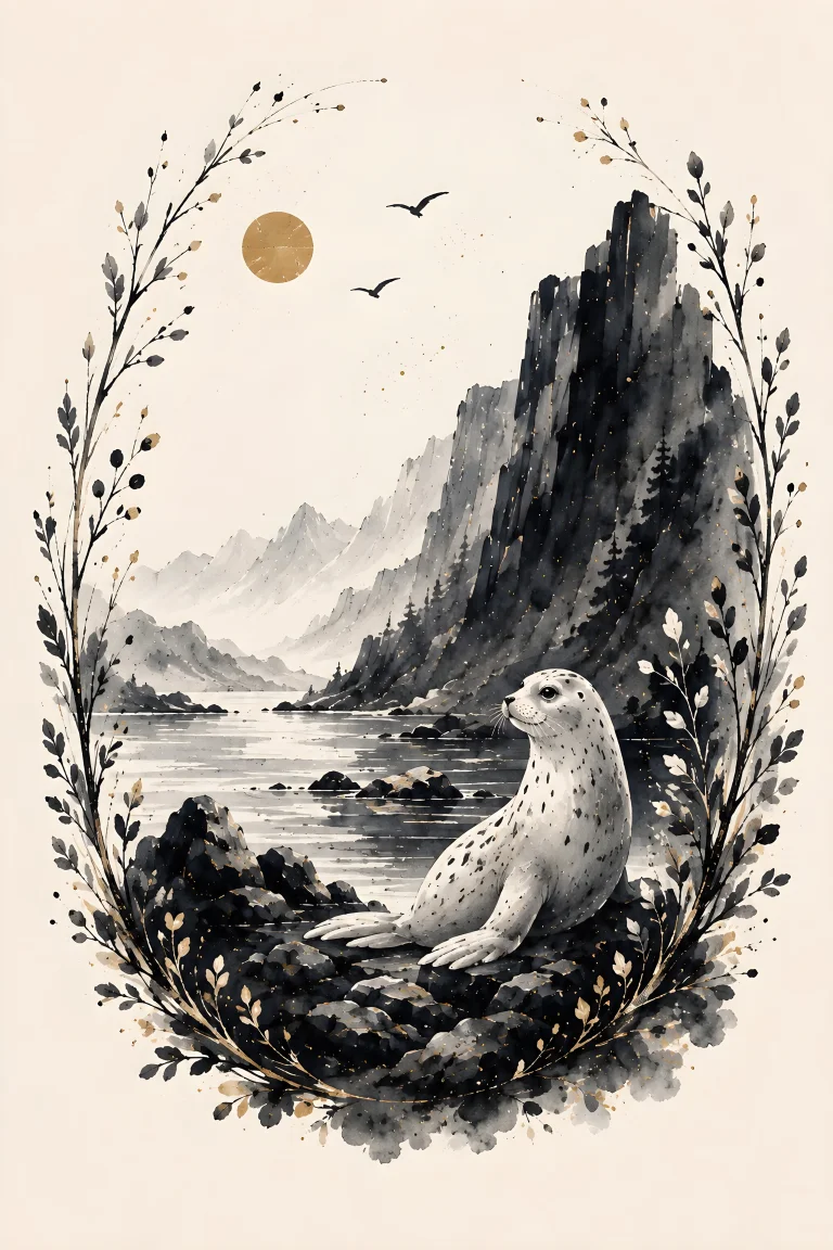 One pale seal resting on dark rocks at lower-right beside a tall dark cliff, open water, distant pale mountains and two small birds above.