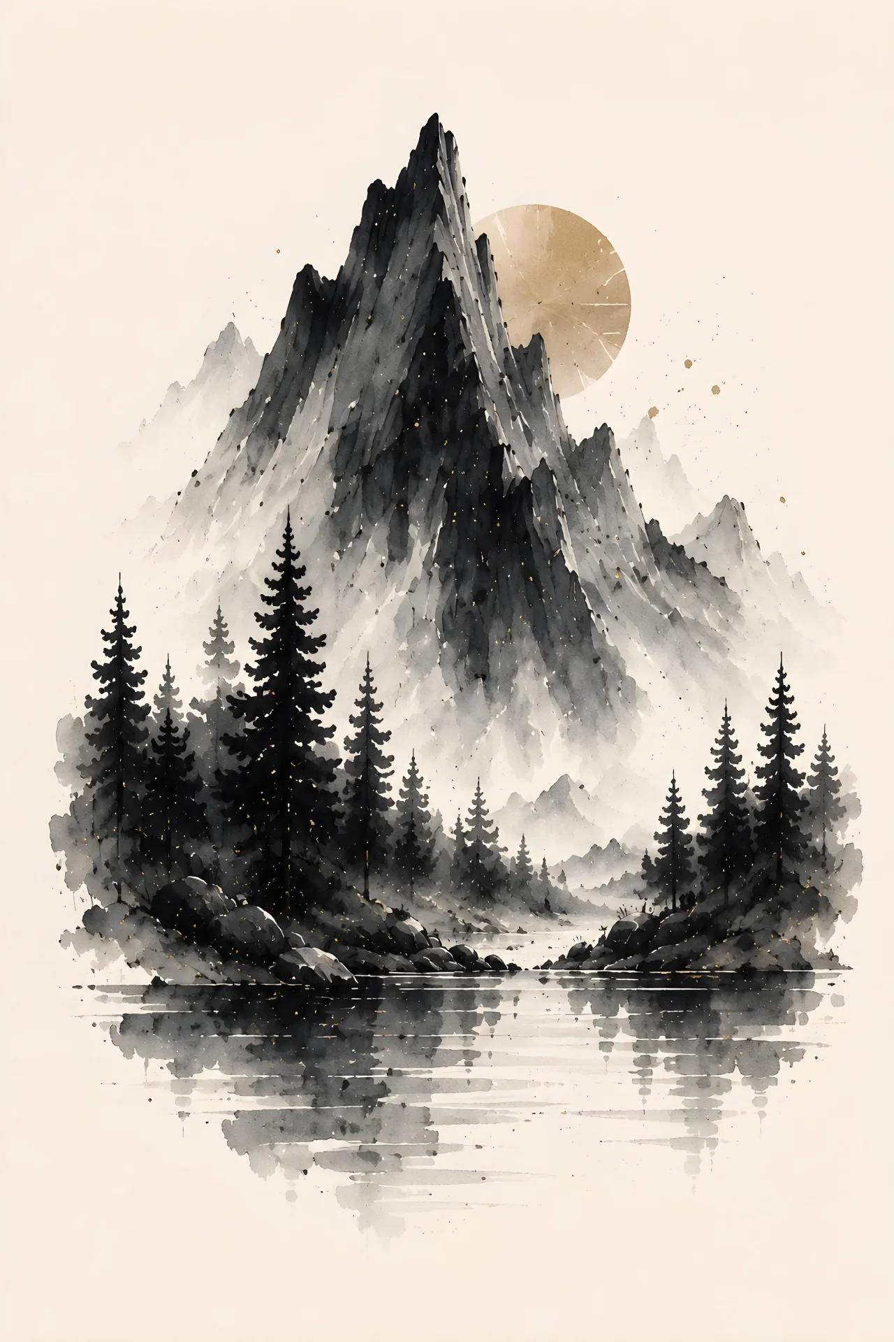 One tall steep mountain centered above dark conifer forest and pale reflective water, with distant gray peaks and a muted warm circle partly behind the summit.