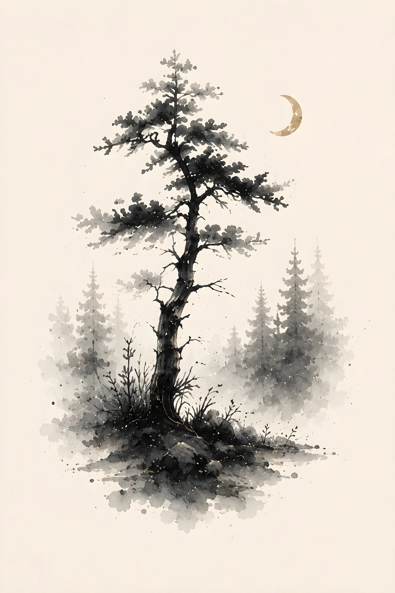 One tall sparse irregular pine with a long dark trunk and asymmetric branches, backed by pale conifers and a small gold crescent on an open cream field.
