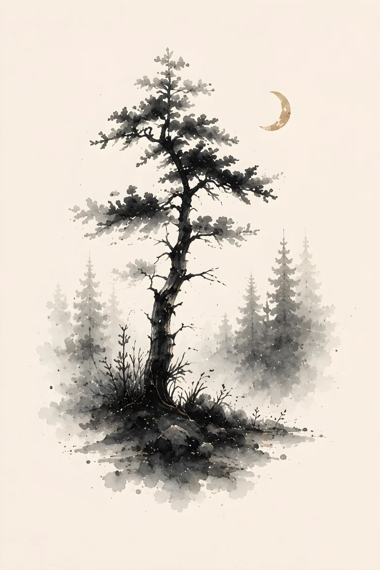 One tall sparse irregular pine with a long dark trunk and asymmetric branches, backed by pale conifers and a small gold crescent on an open cream field.