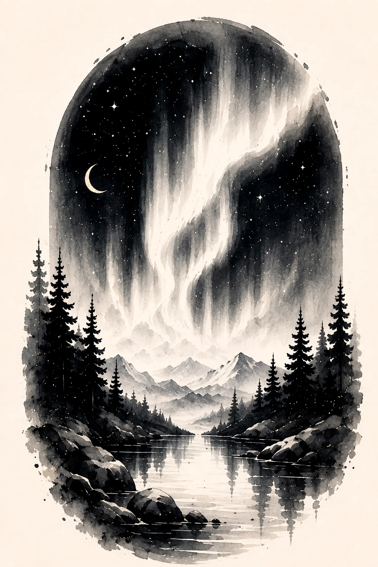Tall rounded near-black sky with pale vertical aurora-like ribbons above dark conifers, gray mountains and reflective water, with a small crescent and subtle stars.
