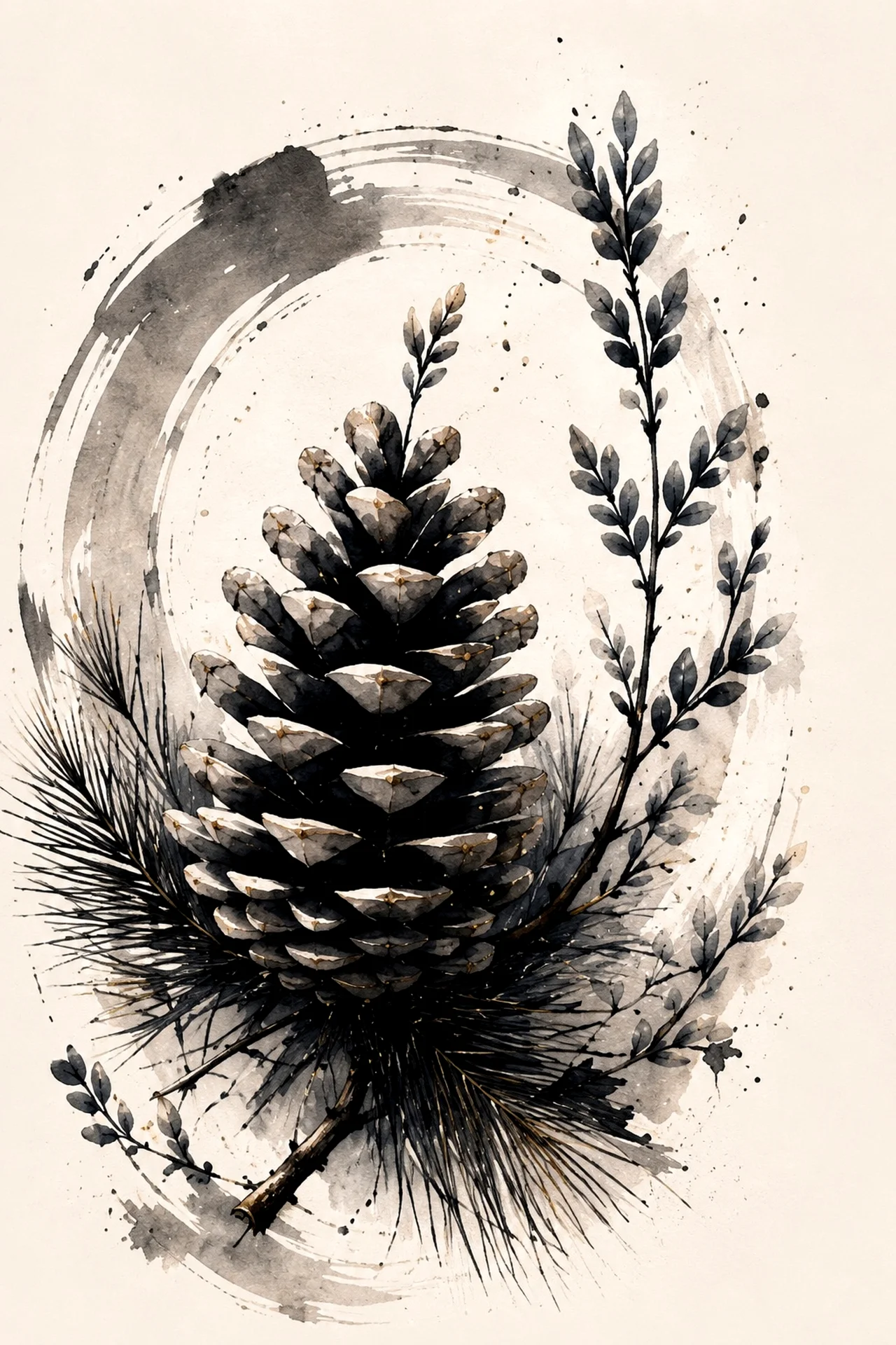 One large dark pine cone centered among fine radiating pine needles, leafy stems and an incomplete gray brush arc on a cream background.
