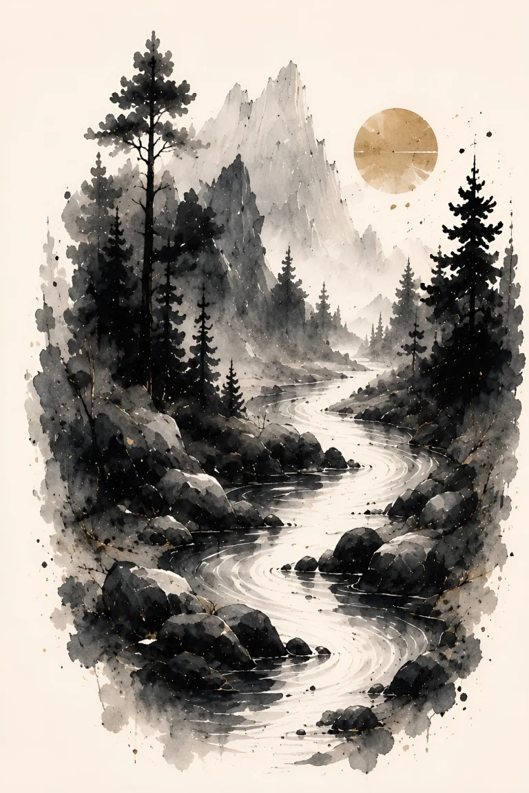 Bright winding river cutting through dark rocky banks and conifer forest toward pale distant mountains, with a muted gold circle at upper-right.