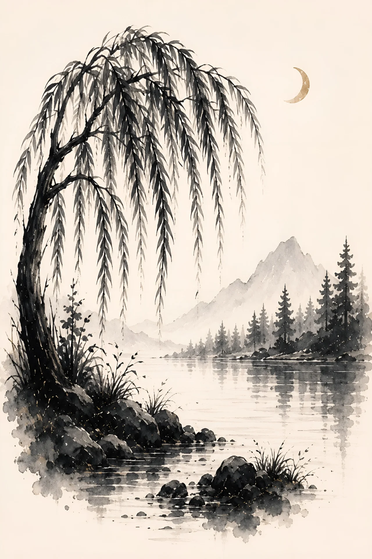 Large drooping willow-like tree on the left with long hanging branches over calm pale water, distant conifers and mountains, and a small gold crescent upper-right.