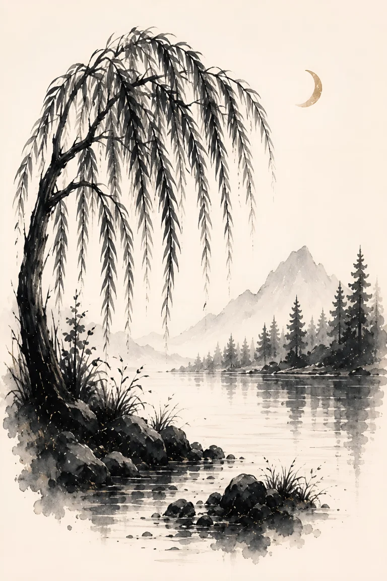 Large drooping willow-like tree on the left with long hanging branches over calm pale water, distant conifers and mountains, and a small gold crescent upper-right.