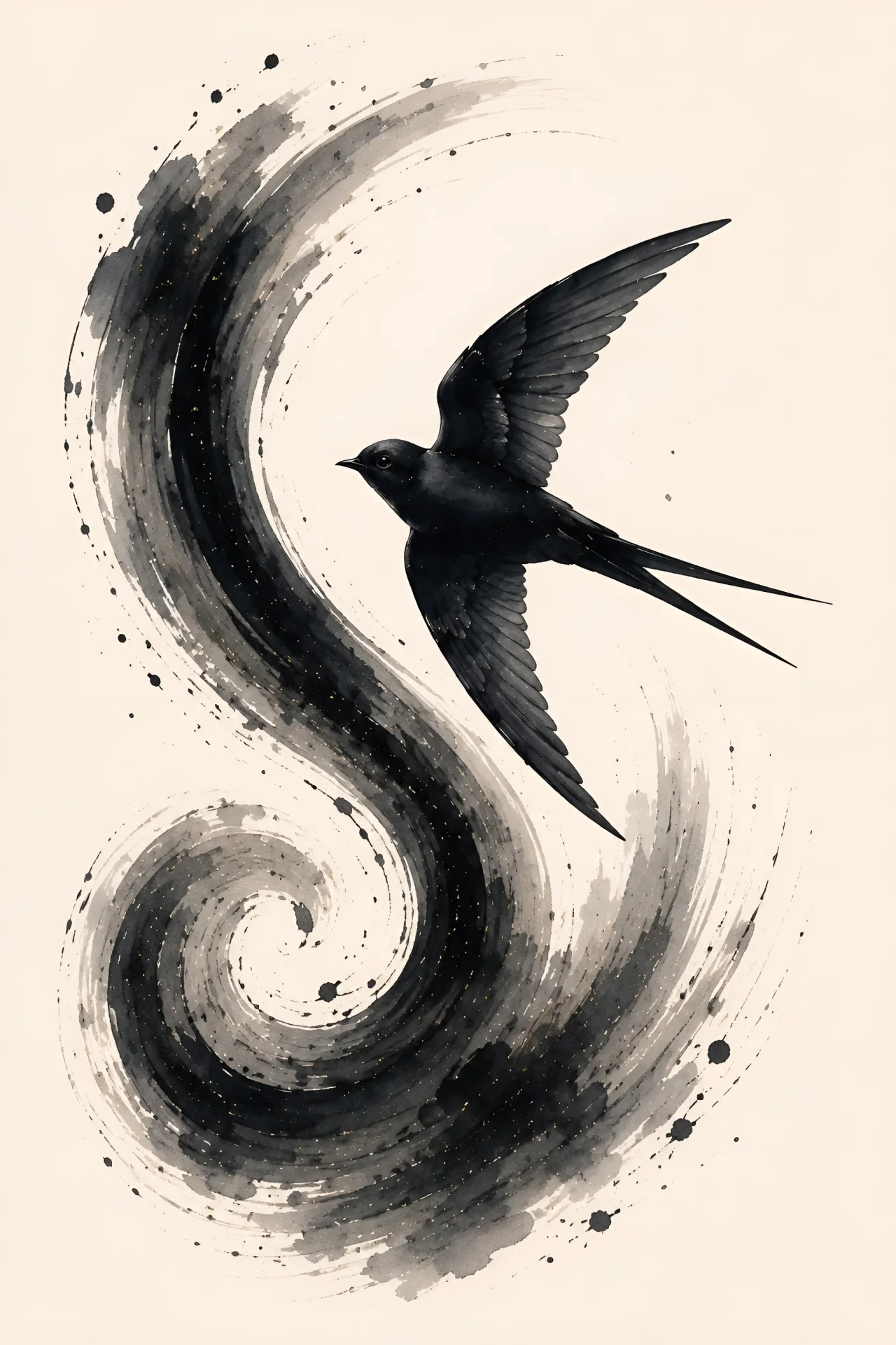 One dark long-winged swift- or swallow-like bird flying rightward across a large curling black and gray brush stroke on a cream background.
