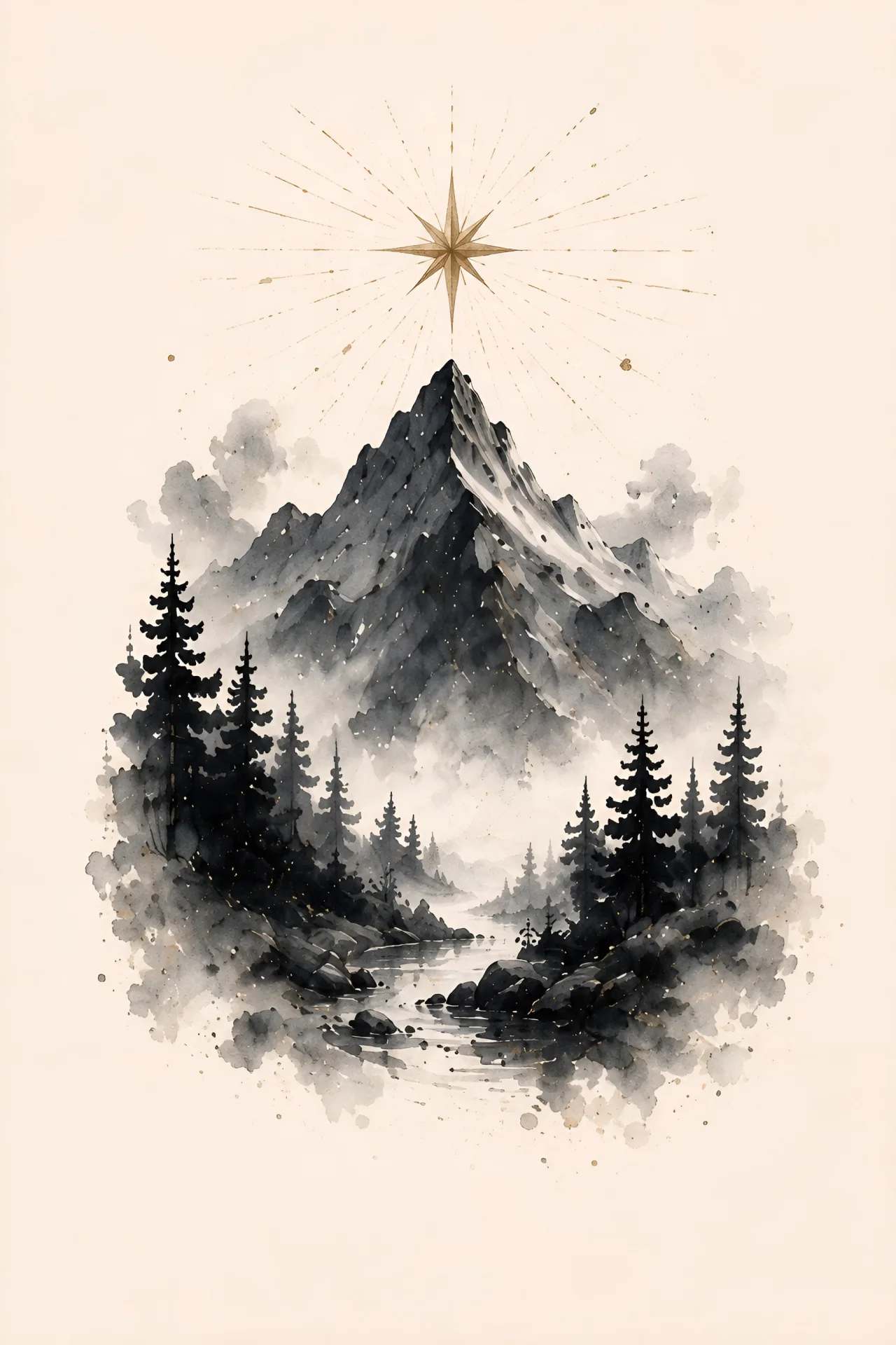 Sharp central mountain peak above dark conifers with a muted gold star precisely aligned over the summit and fine radial lines in a cream sky.