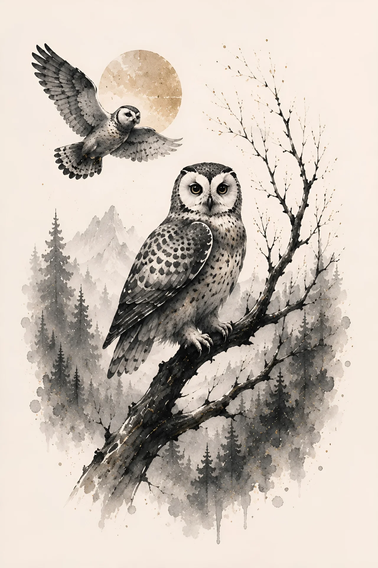 Large owl perched on a dark diagonal bare branch at lower-right, balanced by one smaller flying bird at upper-left with pale mountains and a muted gold circle behind.
