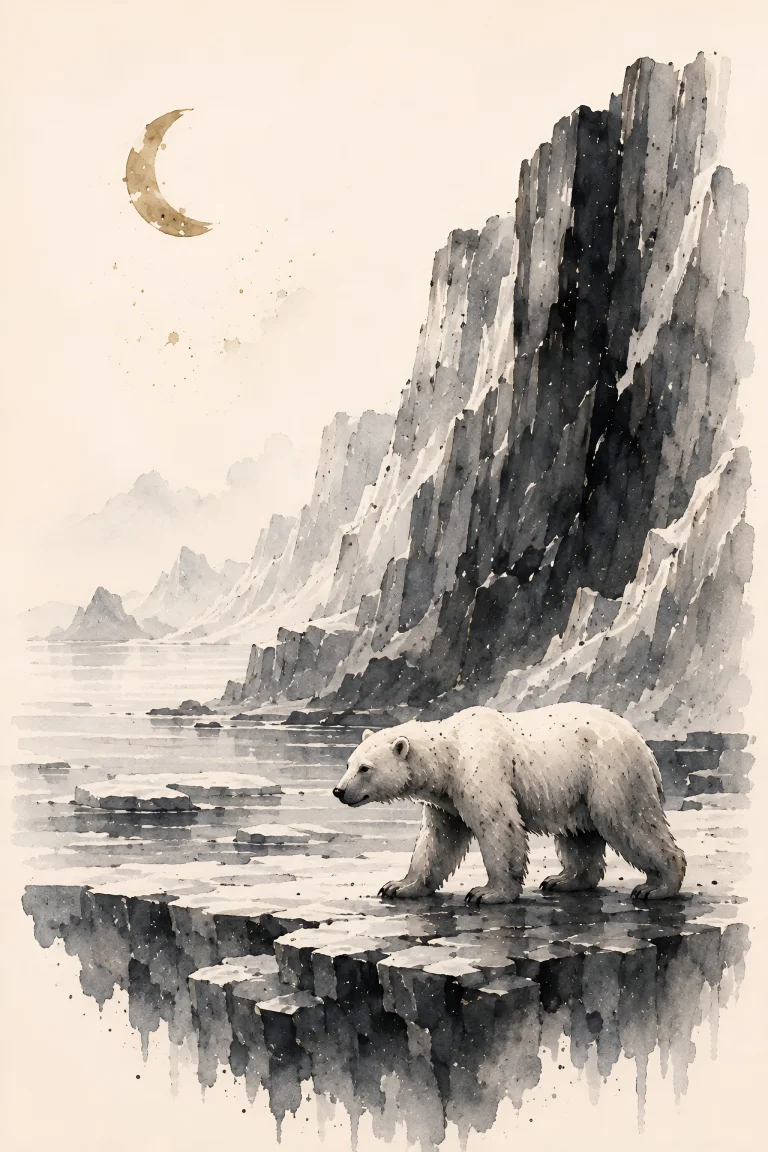One pale polar-bear-like bear walking left across dark icy rocks beneath a tall right-side cliff, with pale water, distant mountains and a small gold crescent.