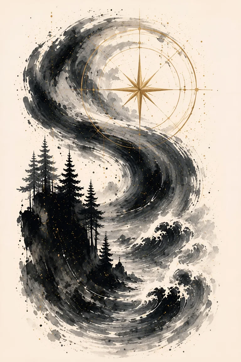 Huge vertical S-shaped black and gray storm-like ink current above a compact dark conifer-covered rocky base, with fine muted gold geometry near the top.