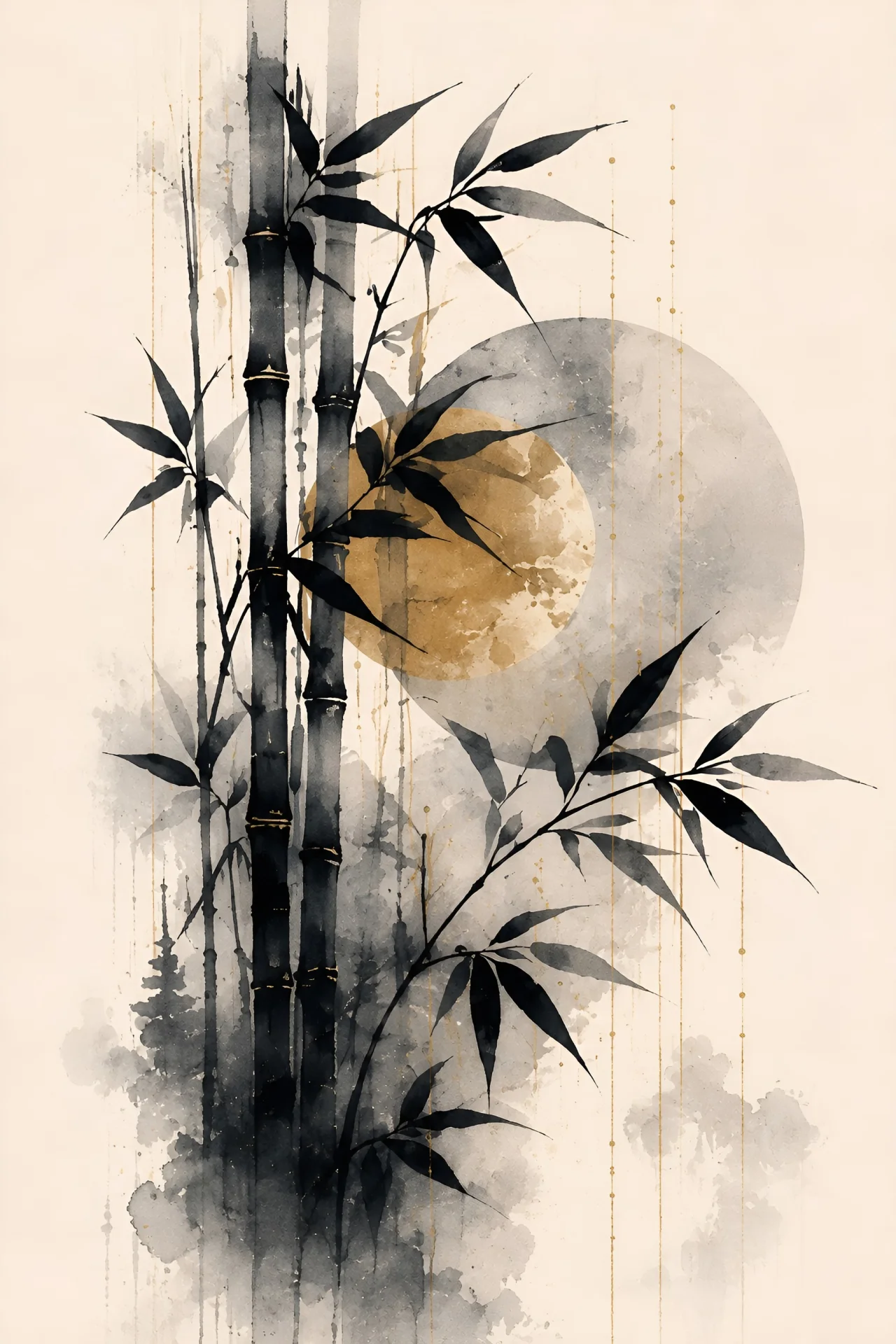 Several tall black bamboo-like stems with sparse pointed leaves in front of a large muted warm circular field and pale gray wash bands.