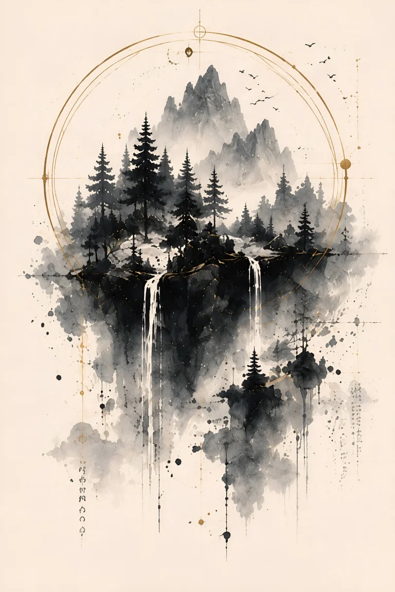 Dark floating rocky island covered in conifers with pale mountain peaks rising behind and thin waterfalls dropping into open cream space below.