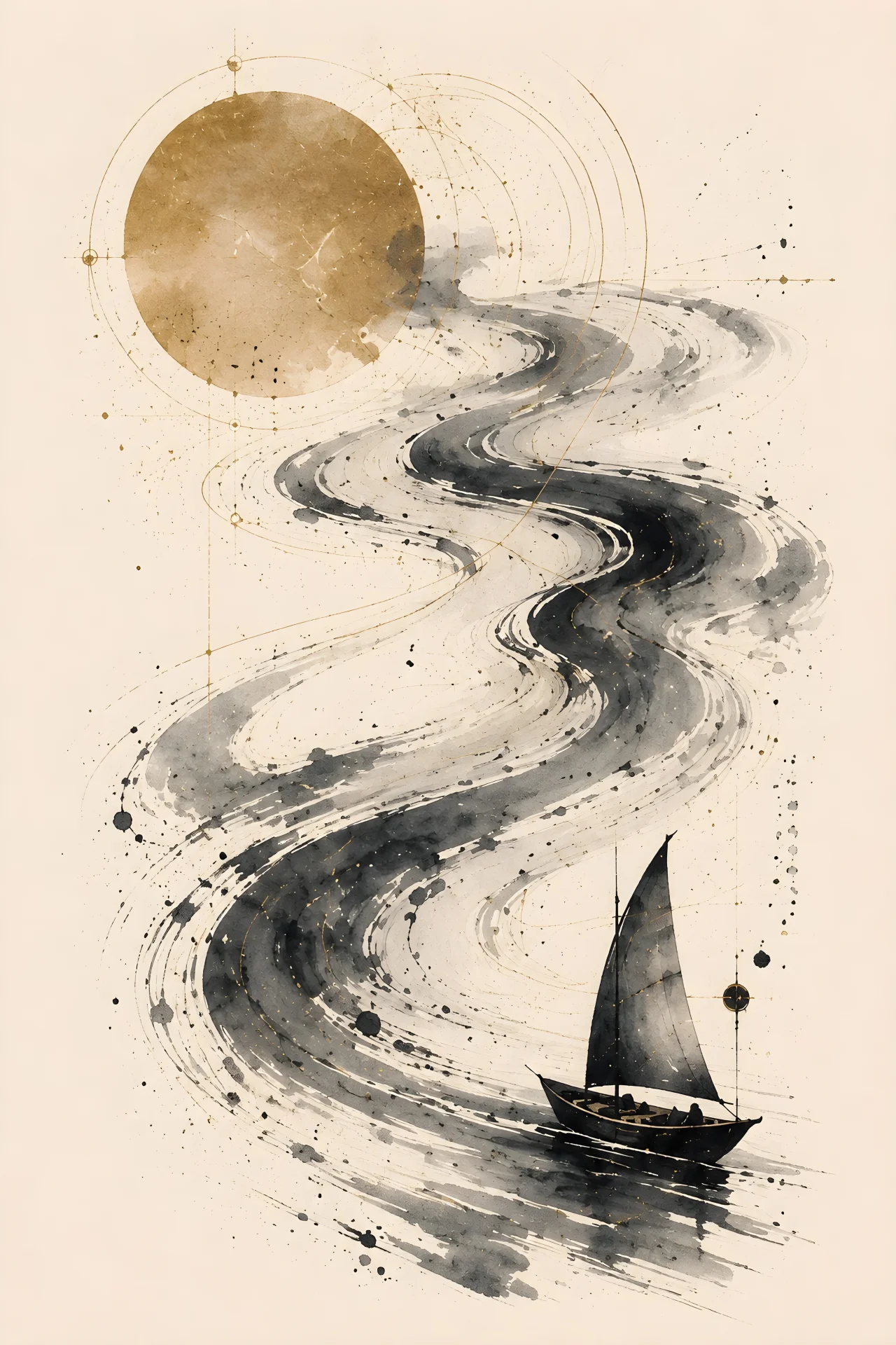 Tiny dark sailboat at lower-right beneath a huge sweeping S-shaped gray ink current, with a large muted gold disc and fine circular lines above.
