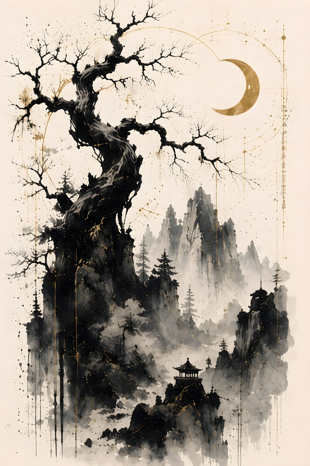 Large ancient twisted leafless tree at left with sprawling dark branches, jagged pale mountains behind, a tiny low-right pavilion-like structure and small gold crescent.