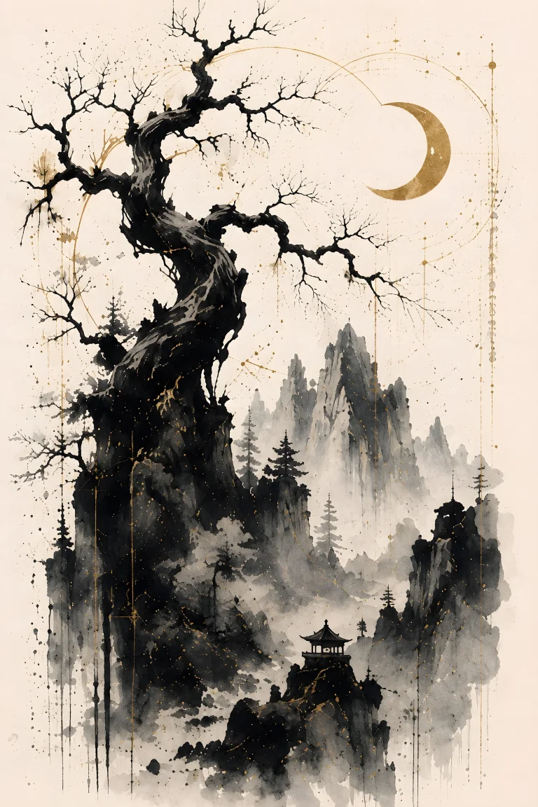 Large ancient twisted leafless tree at left with sprawling dark branches, jagged pale mountains behind, a tiny low-right pavilion-like structure and small gold crescent.