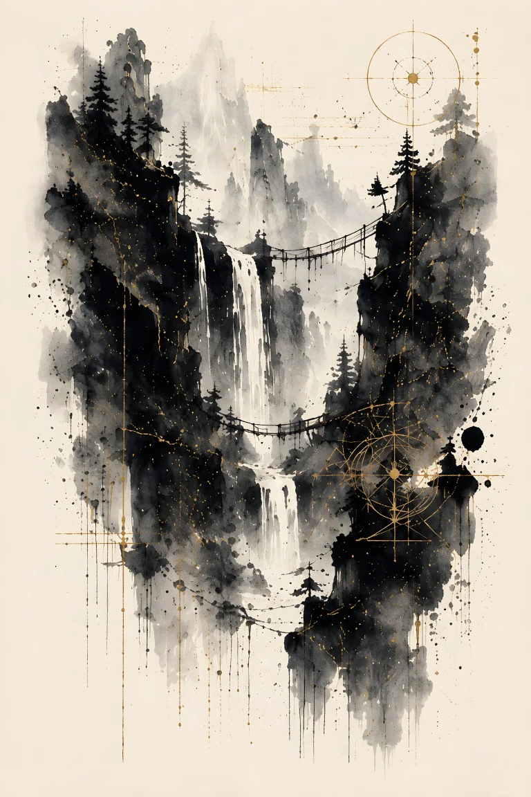 Tall dark split cliffs forming a narrow gorge with a pale central waterfall, thin suspension bridge, conifers on top and pale distant mountains.