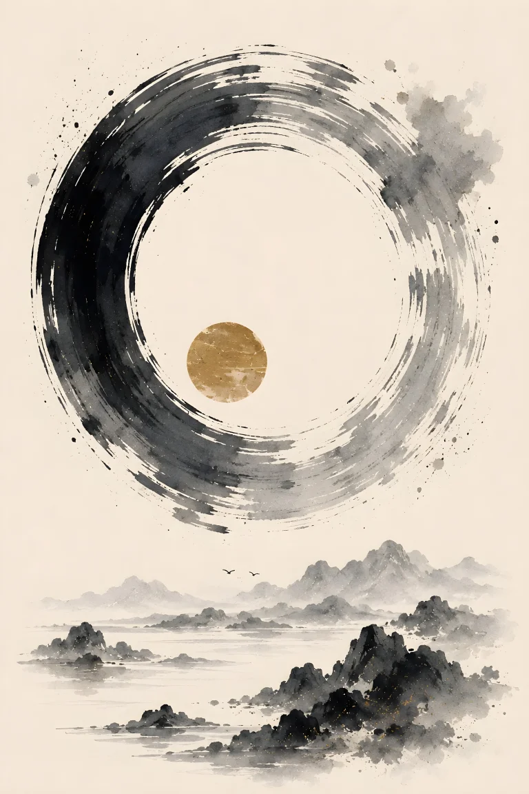 Large imperfect incomplete black and gray ink-brush ring above a low pale coastal mountain landscape, with one muted gold disc inside the ring.