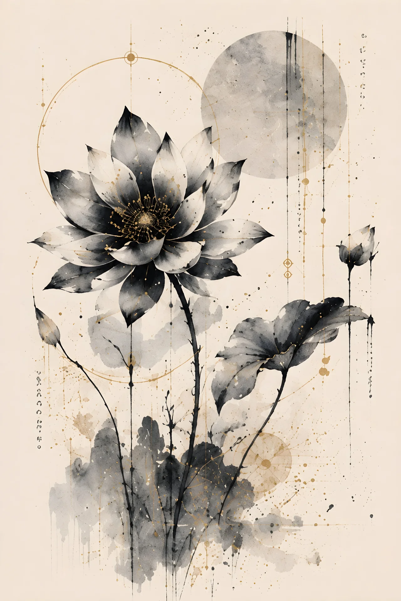 Large species-unspecified stylized flower with layered gray petals and dark center on a long stem, with smaller botanical forms and a pale circular field behind.