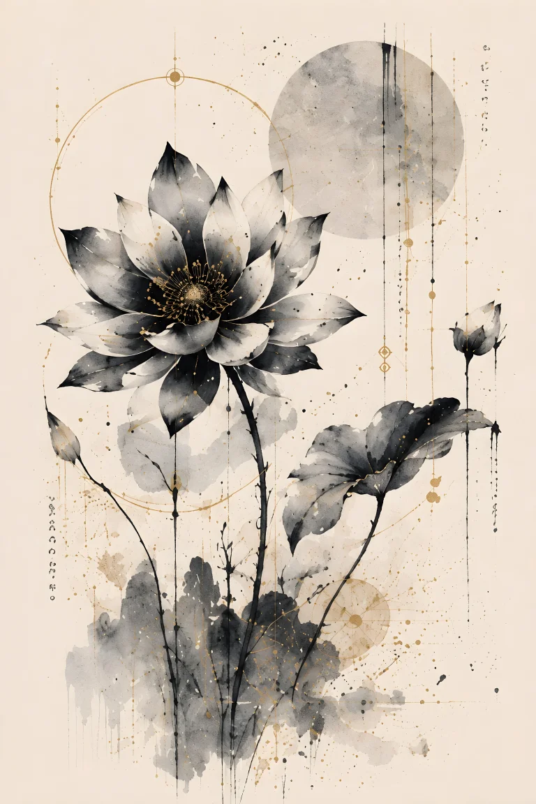 Large species-unspecified stylized flower with layered gray petals and dark center on a long stem, with smaller botanical forms and a pale circular field behind.