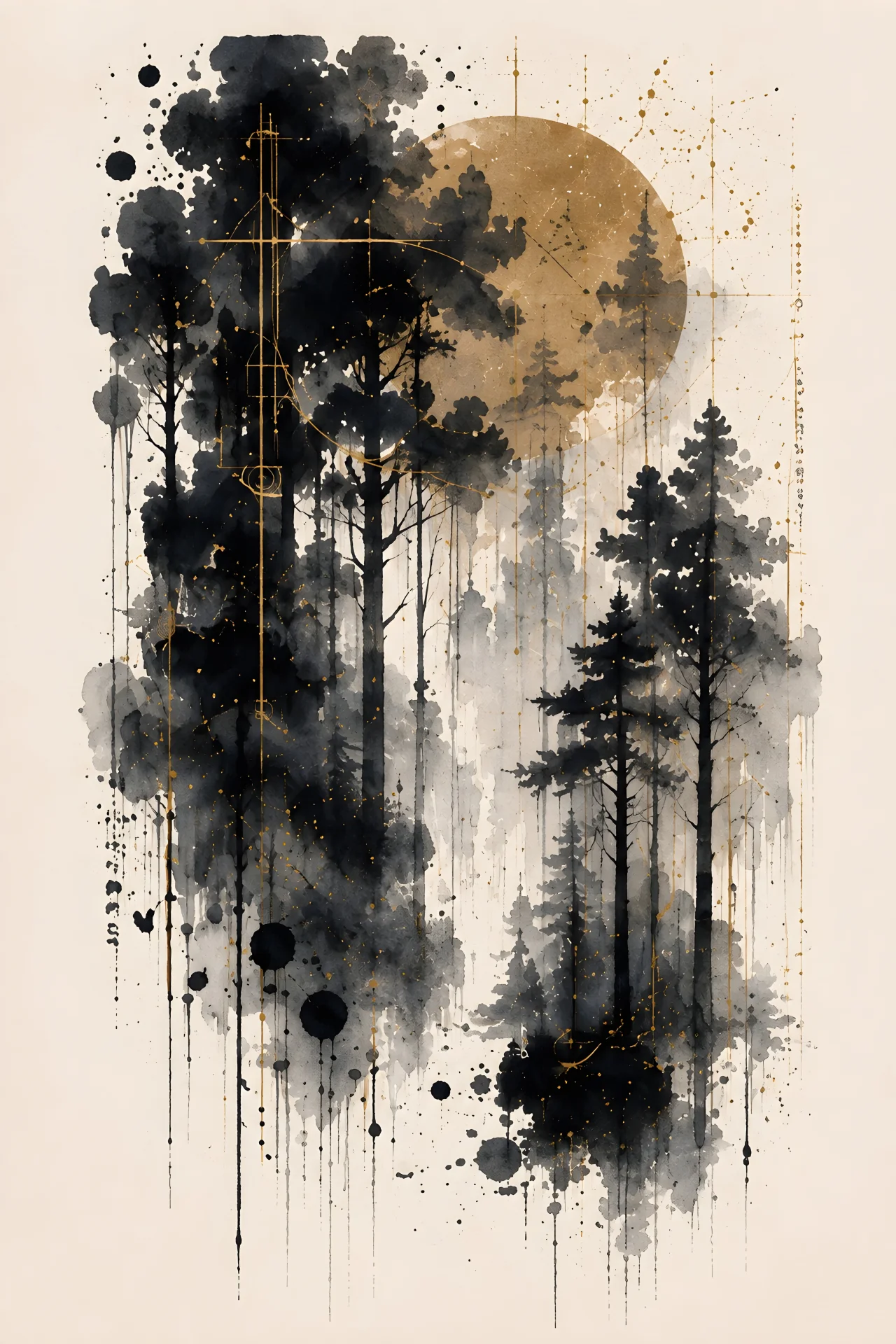 Dense vertical grove of tall dark trees merging into black ink drips below, with a muted gold disc partly hidden behind the upper-right tree mass.