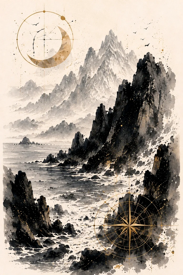 Large jagged dark coastal rock rising on the right above open pale sea, distant sharp mountains, dark foreground rocks and restrained circular gold geometry.