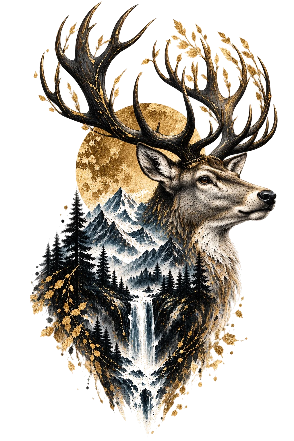 One upright right-facing deer-type animal with very large branching antlers, mountains, dark conifers and a pale central waterfall integrated into its body.