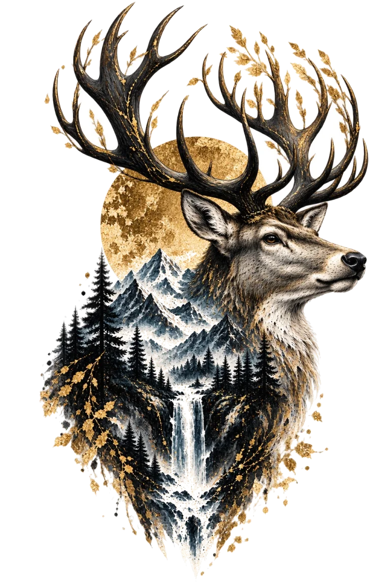 One upright right-facing deer-type animal with very large branching antlers, mountains, dark conifers and a pale central waterfall integrated into its body.