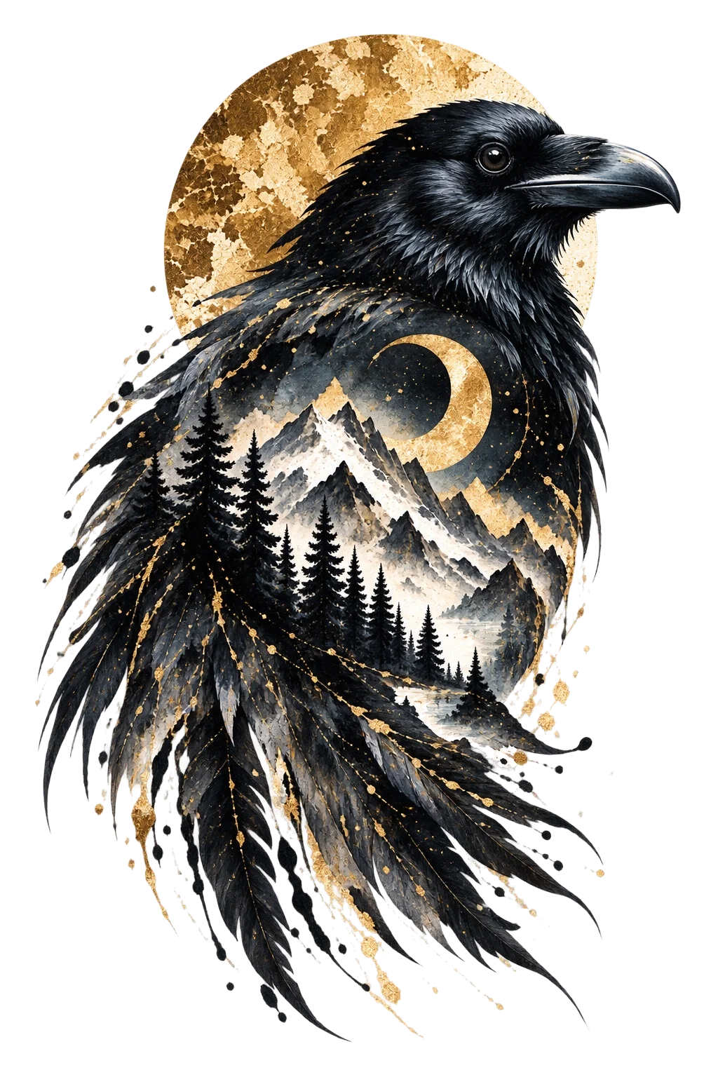One upright black raven- or crow-type bird facing right, with pale mountains and dark conifers integrated inside its tapered feather body and restrained warm circular accents.
