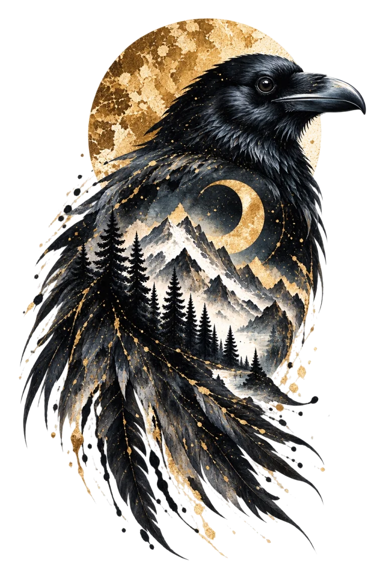 One upright black raven- or crow-type bird facing right, with pale mountains and dark conifers integrated inside its tapered feather body and restrained warm circular accents.
