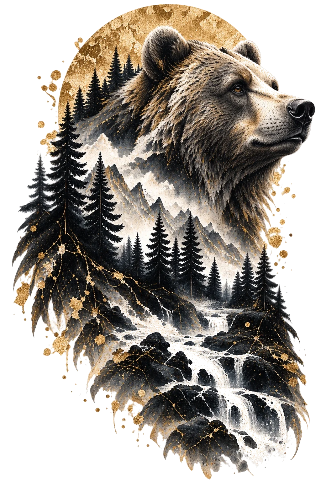 One large broad bear head and upper torso facing right, containing dense conifers, mountains, rocks and a rushing pale river with a muted gold circle behind the head.