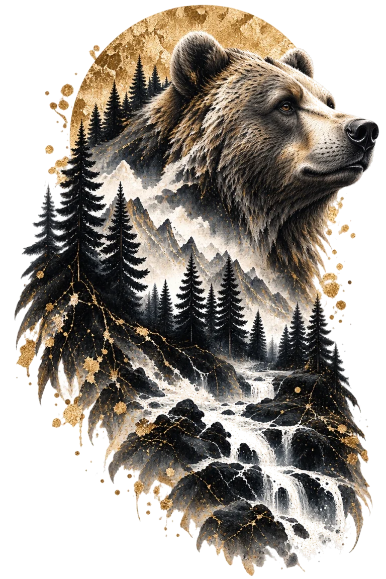One large broad bear head and upper torso facing right, containing dense conifers, mountains, rocks and a rushing pale river with a muted gold circle behind the head.